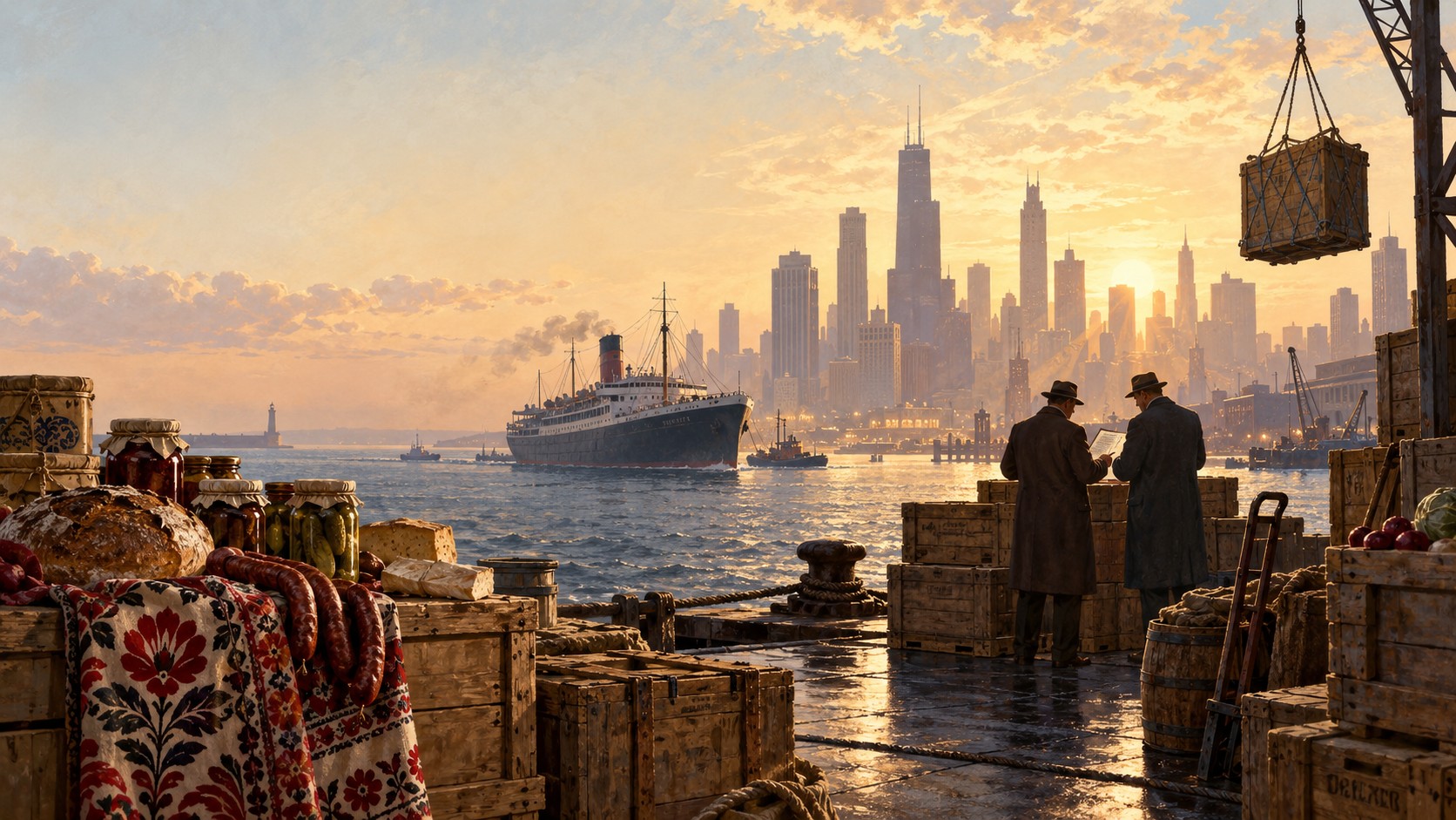 Artistic illustration symbolizing the founding of a Polish import business in Chicago