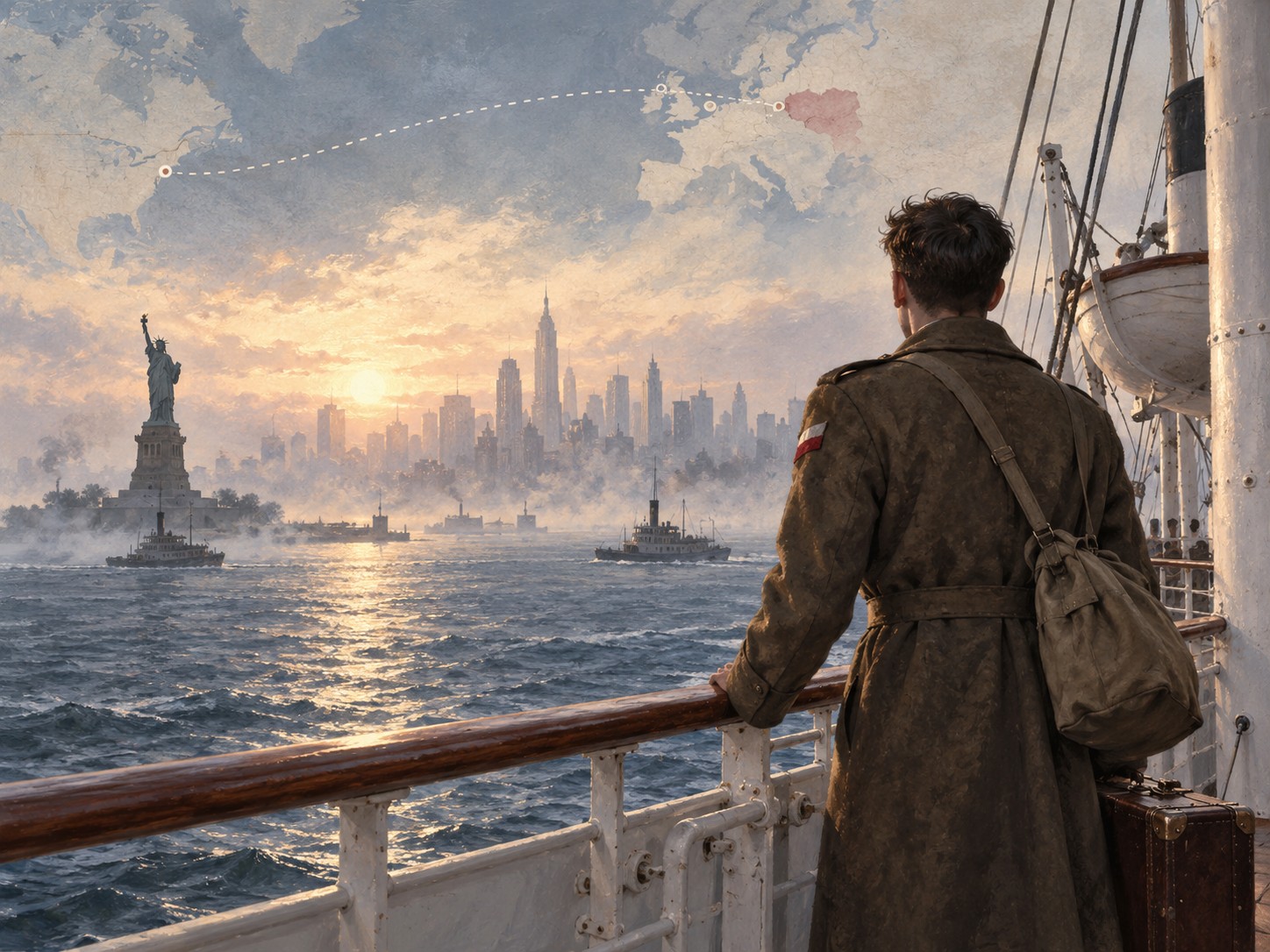 Artistic illustration of a Polish immigrant arriving in New York by ocean liner