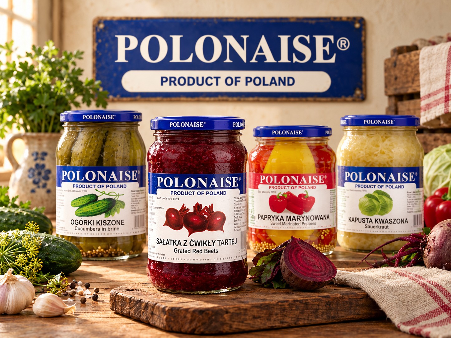 Polish pickled vegetables, noodles, honey and confectionery represented in an artistic illustration